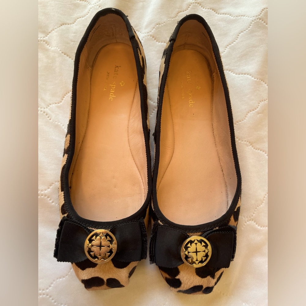 Kate Spade Cheetah Print Fontana Ballet Flats w/Bow and Spades Emblem, Size 7.5